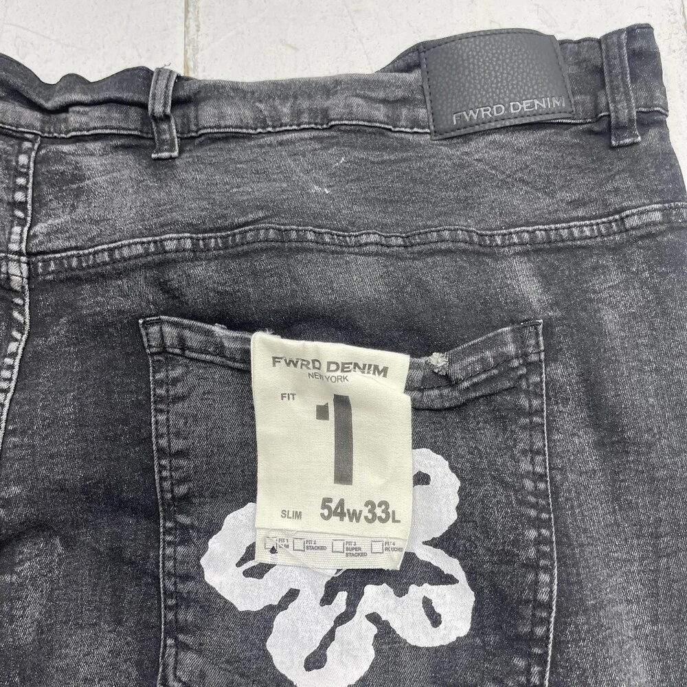 FWRD Denim Fit 1 Jeans Mens 54x33 Black Charcoal Slim Straight Floral Pants - Picture 10 of 10